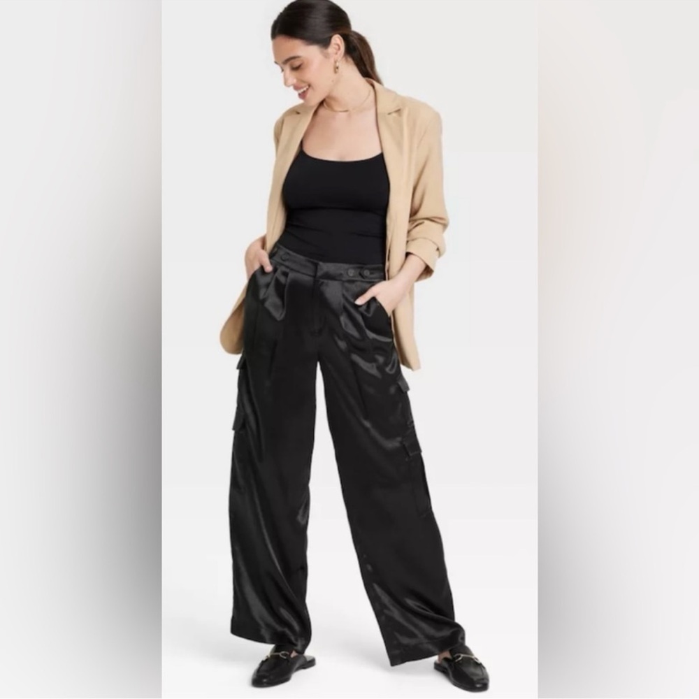 NWT Target A New Day Black Satin Wide-Leg Cargo Pants